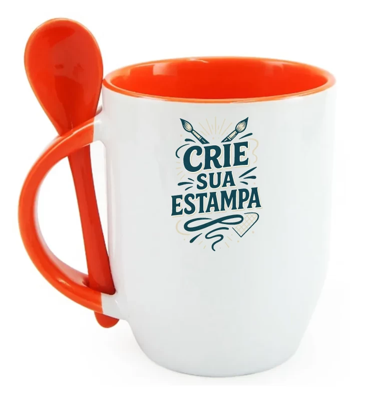 Caneca Personalizada com Colher – Alça e Interior Laranja – Cerâmica 325ml