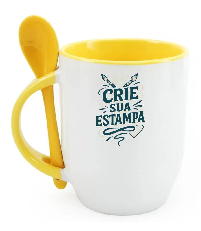 Caneca Personalizada com Colher – Alça e Interior Amarela– Cerâmica 325ml