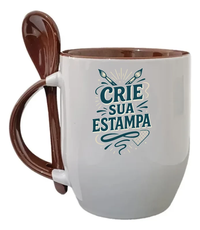 Caneca Personalizada com Colher – Alça e Interior Marrom– Cerâmica 325ml