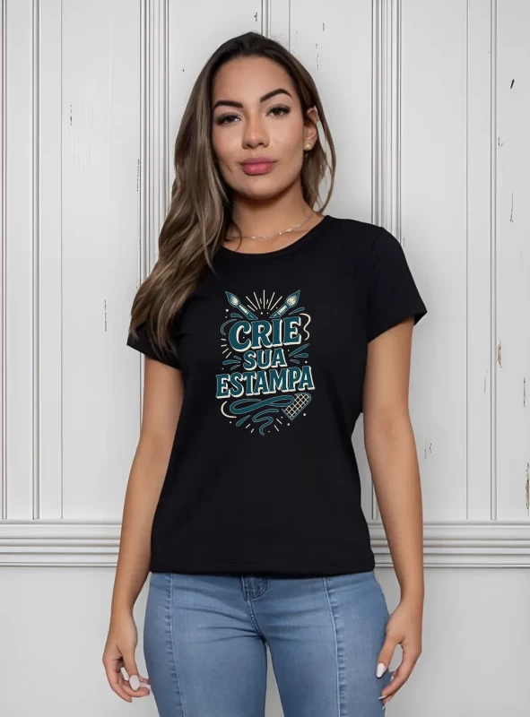 Camiseta Feminina Preta Babylook 100% Algodão – Personalizada e Confortável