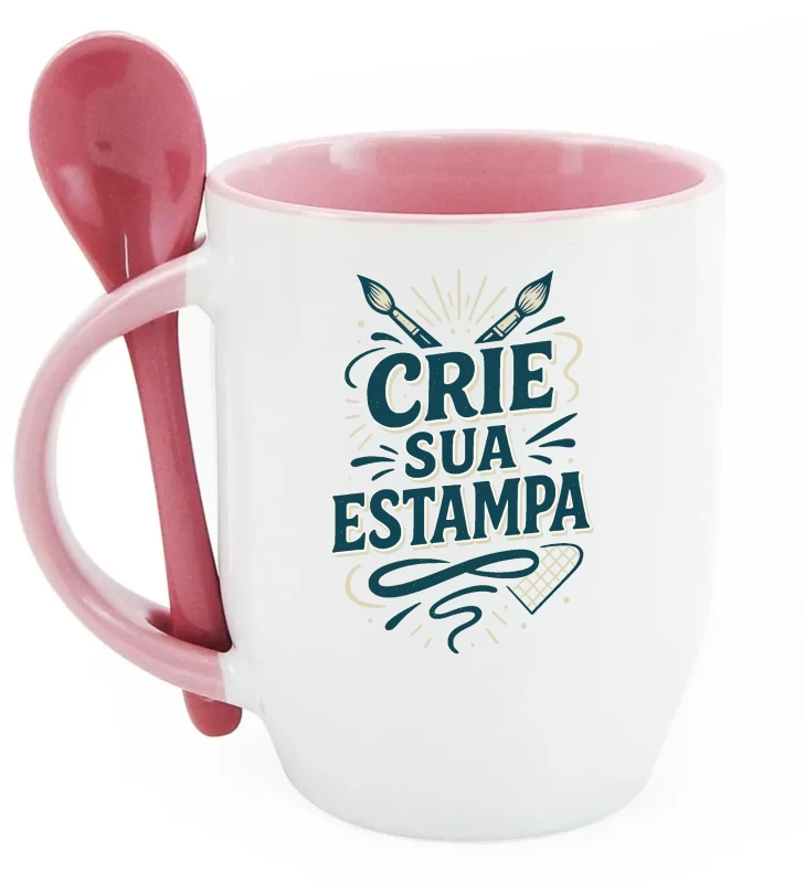 Caneca Personalizada com Colher – Alça e Interior Rosa – Cerâmica 325ml