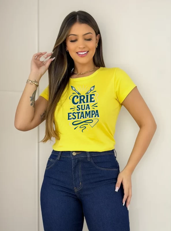 Camiseta Feminina Amarela Babylook 100% Algodão – Personalizada e Confortável
