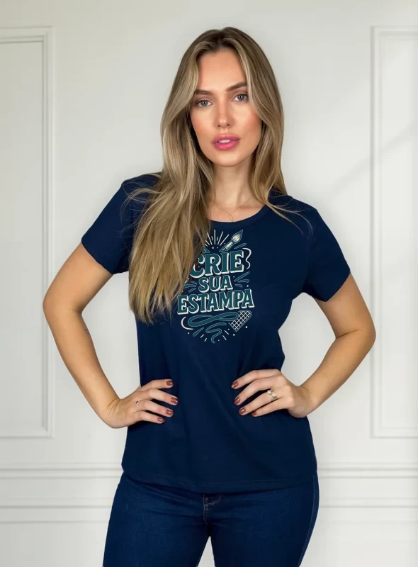 Camiseta Feminina Azul Marinho Babylook 100% Algodão – Personalizada e Confortável