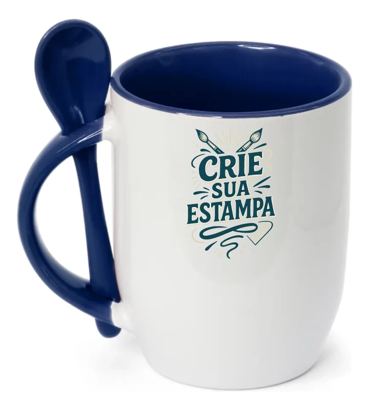 Caneca Personalizada com Colher – Alça e Interior Azul Escuro– Cerâmica 325ml
