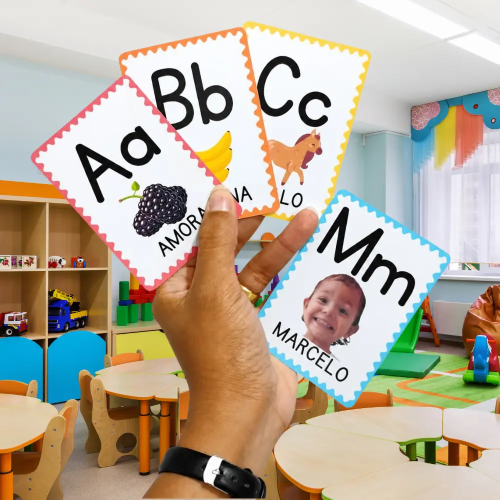 Meu Primeiro ABC com Nome e Foto Cards Educativos Personalizados 7x10cm Laminados para Aprendizado Infantil