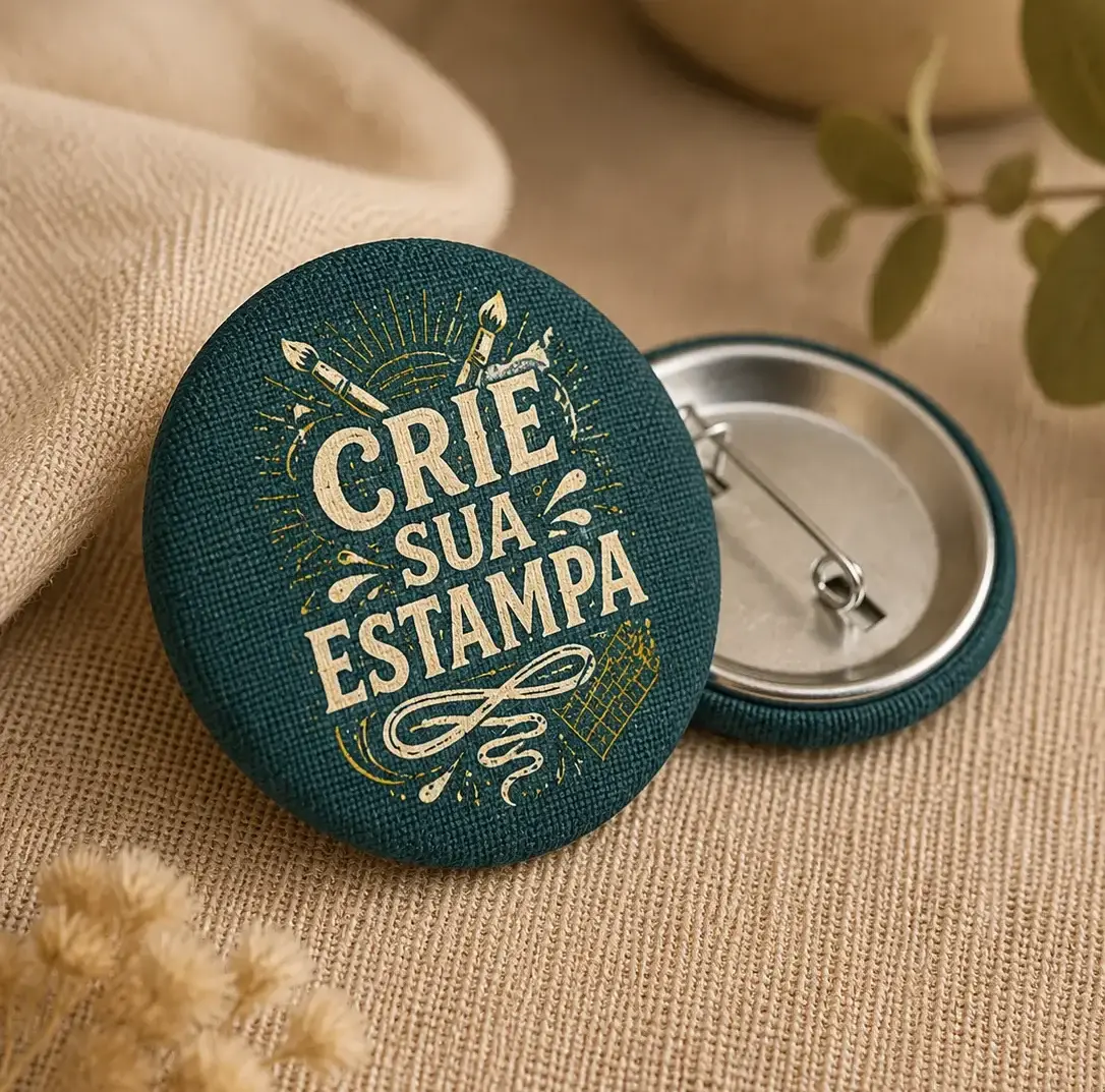 Botton em Tecido Premium 37mm — Verso em Aço | Crie seu Mimo Pin com o Nosso Formulário!