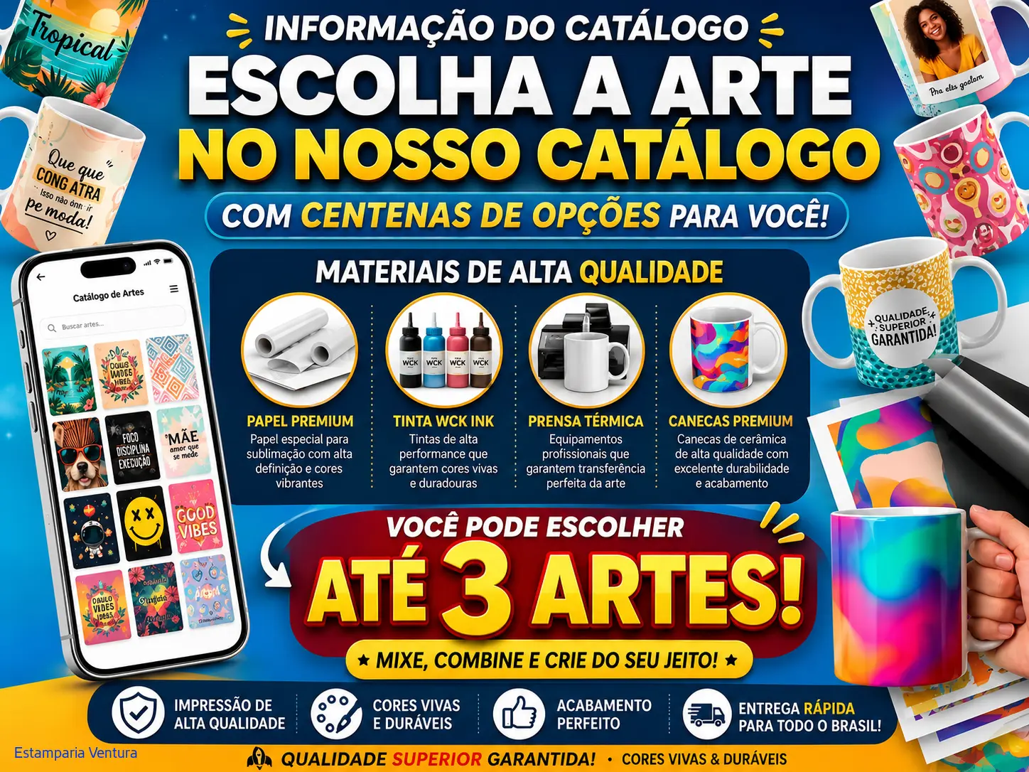 3 Artes Impressas para Sublimação em Canecas — Escolha no Nosso Catálogo | Alta Definição