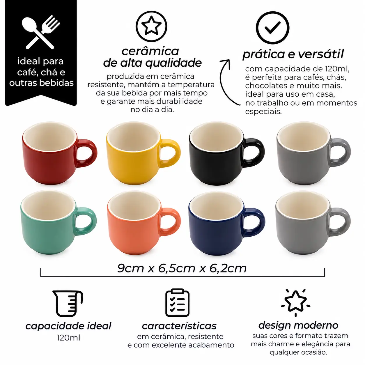 Xicara 120 ml ceramica 9 cm x 6,5 cm x 6,2 cm