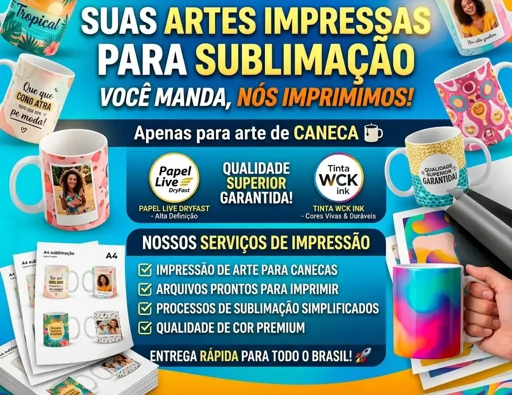 Artes Impressas para Sublimação em Canecas — Você Envia, Nós Imprimimos | Pacotes 1, 3, 9 ou 48 Artes