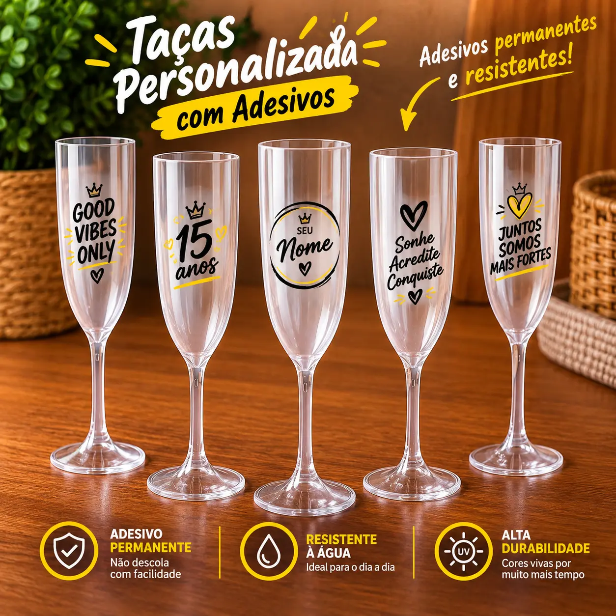 Kit 5 Taças de Champanhe Acrílicas 160ml Personalizadas