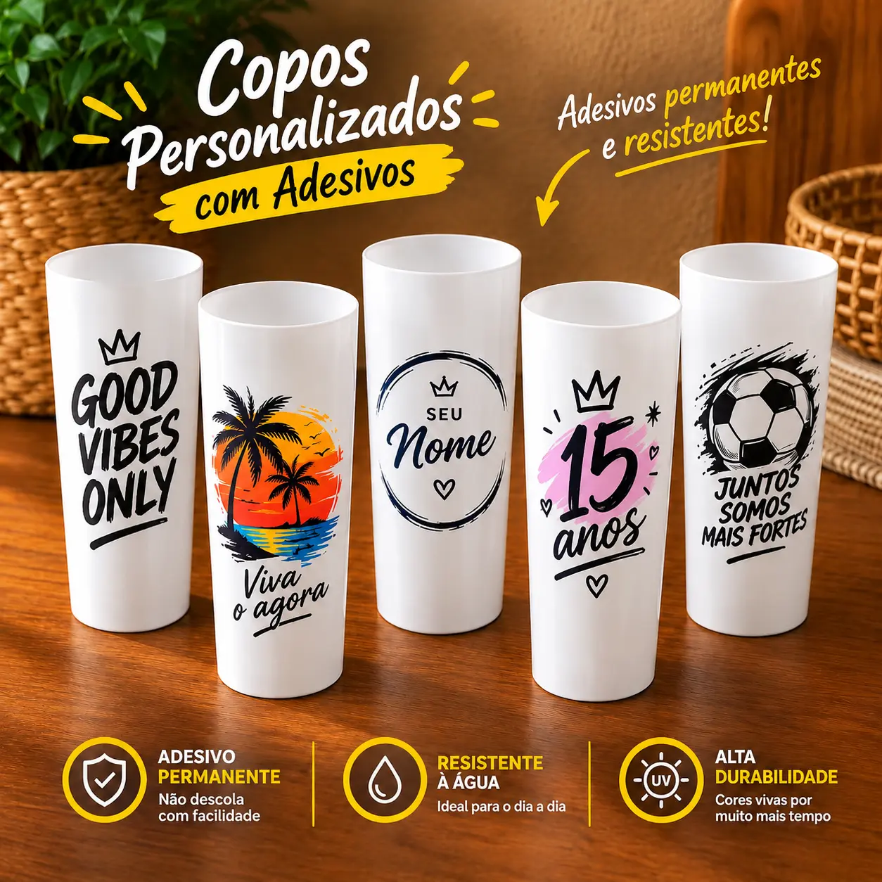 Kit 5 Copos Long Drink 350ml Personalizados com Adesivo
