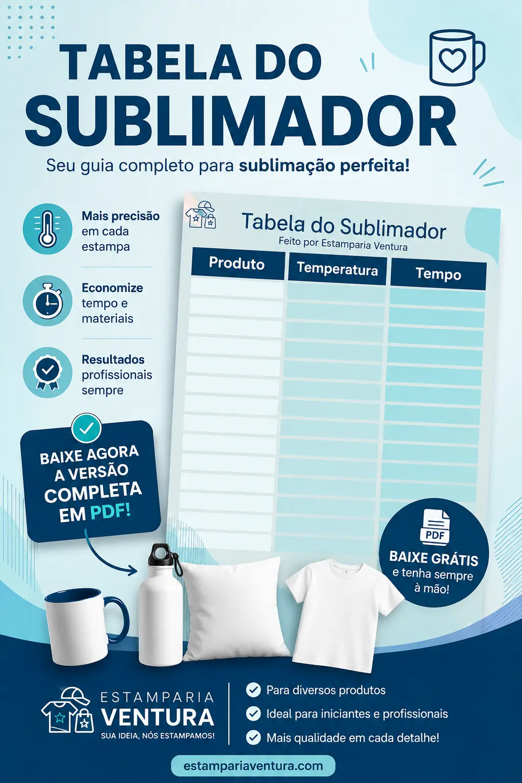 Tabela Do Sublimador PDF Grátis - Guia De Tempo E Temperatura A5 - Download Imediato