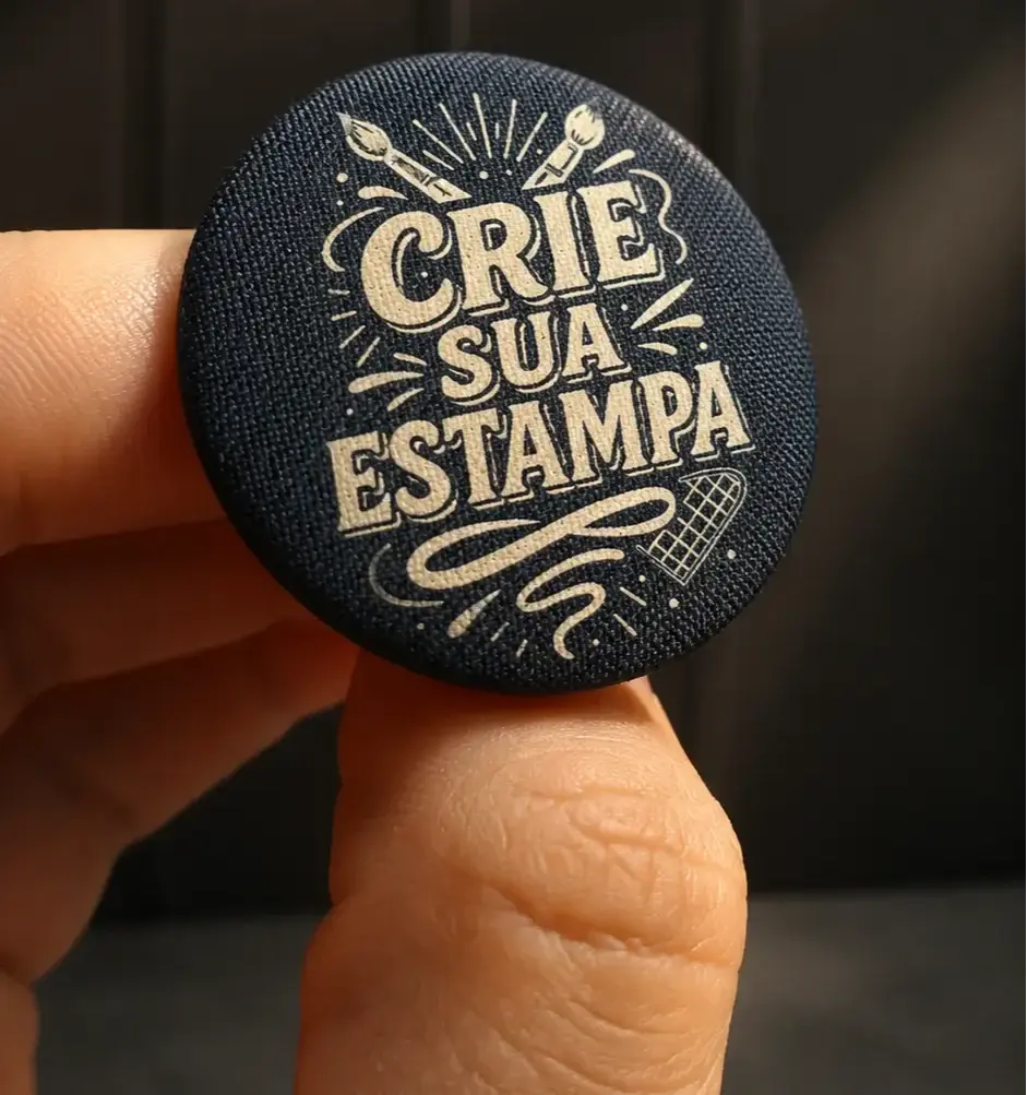 Botton em Tecido Premium 37mm — Verso em Aço | Crie seu Mimo Pin com o Nosso Formulário!