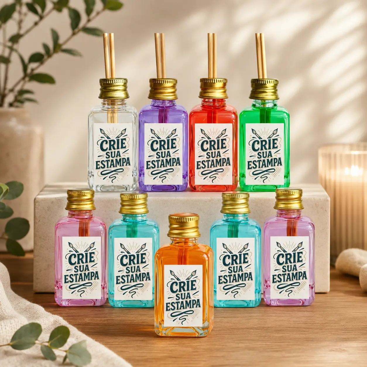 50 Mini Difusores de Aroma Sortidos 42 ml — Lembrancinha Personalizada com Adesivo