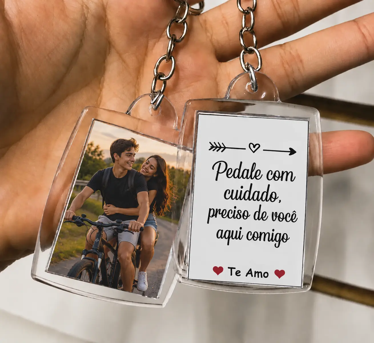Chaveiro Bicicleta Personalizado Foto e Frase "Pedale com Cuidado" - Acrílico 3x4